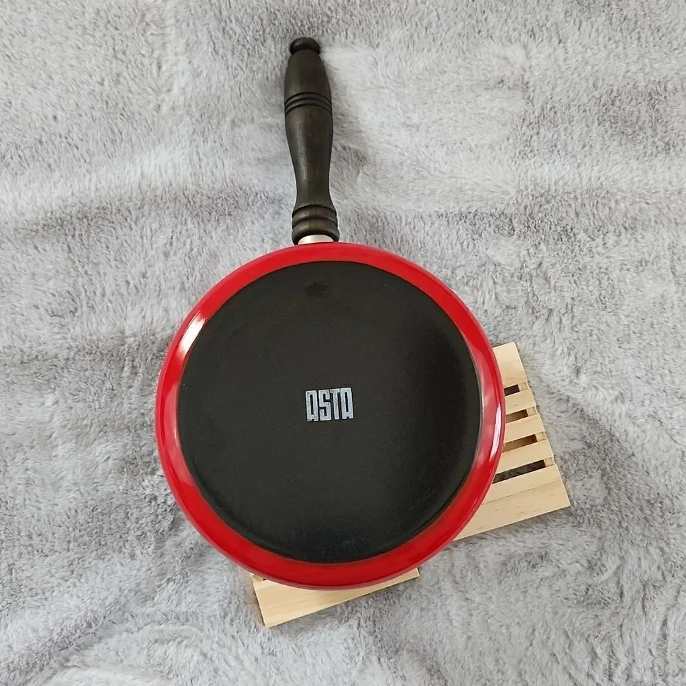 Vintage QSTA Red Enamel Fondue Pot Floral Sauce Pot Wood Handle w/ Lid